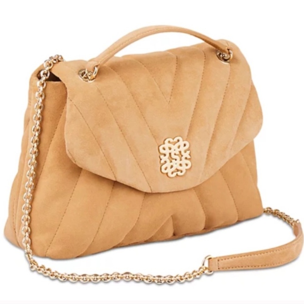 Sandro suede Tan Quilted Crossbody Bag with Gold Chain Mila